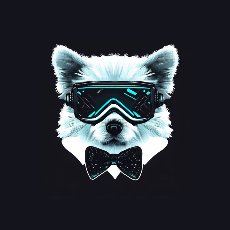 Logo von Bounceandbowtie: weißer Hund mit Skibrille und Fliege